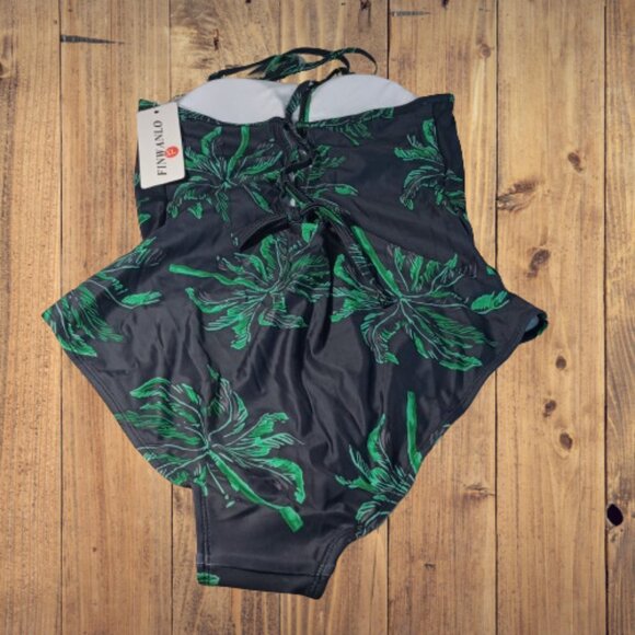 Finwanlo 1 Piece Criss Cross Back Swimsuit Black with Green Tropical Pattern NWT - Picture 2 of 8